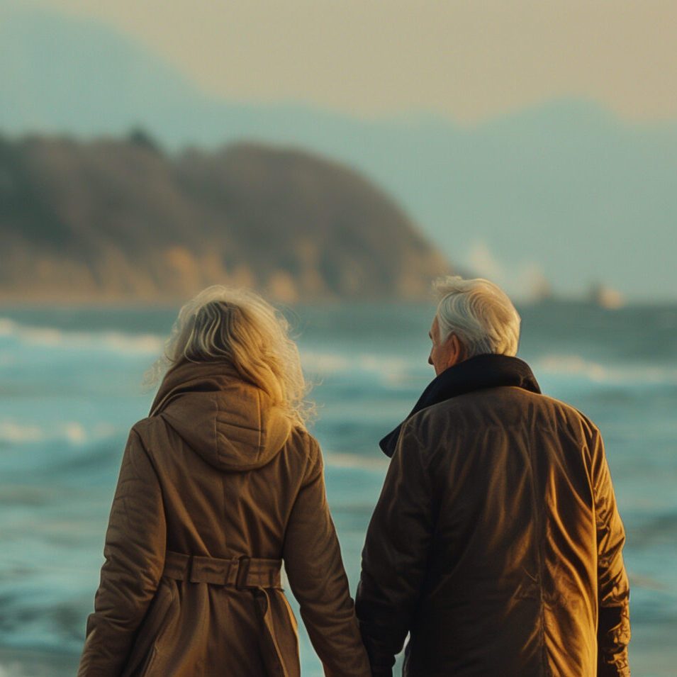 An older retired people couple walking on a beach together hand in hand